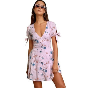 NEW Lulus Lilly Light Pink Floral Print Tie-Sleeve Mini Dress Women Small A Line